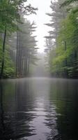 Calm, misty river surrounded by lush greenery in a serene forest setting photo