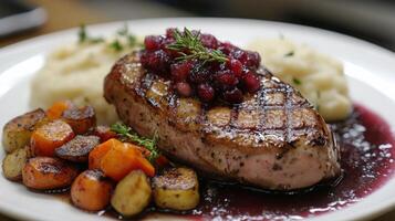 Exquisite plate of seared duck breast with roasted vegetables and creamy mashed potatoes photo