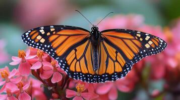 Monarch butterfly resting on pink flowers in a garden during the warm afternoon photo