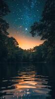 Starry night sky reflected in calm lake surrounded by lush forest in remote area photo