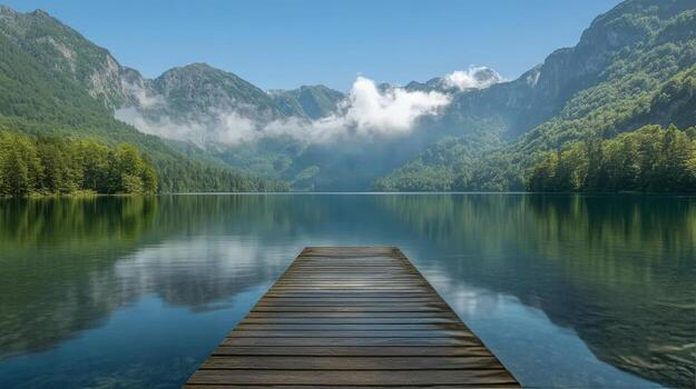 Serene lake view with a wooden pier surrounded by mountains and lush greenery on a clear day photo