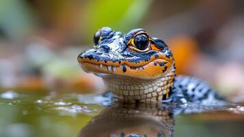 Encounter with a freshwater caiman in natural habitat during a misty morning photo