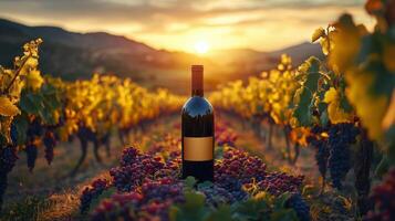 Sunset over vineyard with a bottle of wine surrounded by grapes in the foreground photo