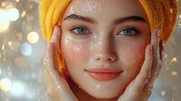 Young woman enjoying skincare routine at home in cozy pink setting with facial mask applied photo