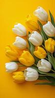 Colorful bouquet of white and yellow tulips arranged on a bright yellow background photo