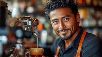 Brewing a rich espresso shot in a cozy coffee shop during the morning rush photo