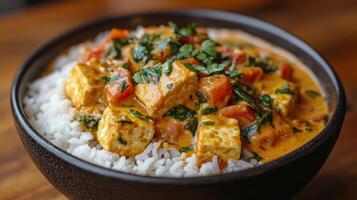 Creamy curry with tofu served over fluffy rice in a rustic bowl photo
