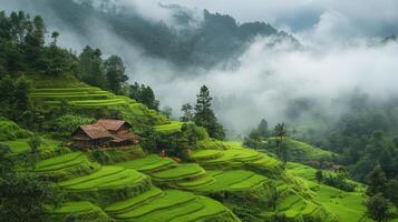 Lush green rice terraces with misty mountains in the background during early morning hours photo