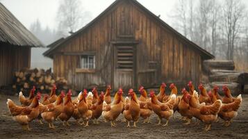 Flock of brown hens roaming freely near a rustic wooden barn in early morning light photo
