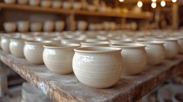 Collection of handcrafted ceramic bowls displayed in a pottery studio during daylight hours photo