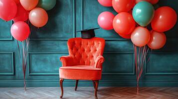 Colorful graduation party setup with chair and balloons photo