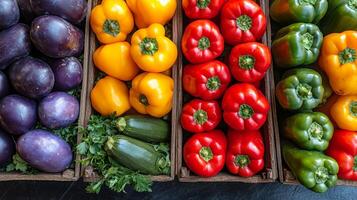 Fresh selection of colorful vegetables at a local market showcasing a variety of peppers and eggplants photo