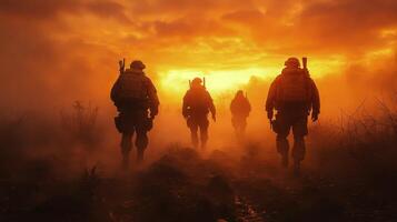 Soldiers march toward a vibrant sunset in a mountainous landscape photo