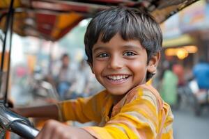 Joyful boy smiles while riding in rickshaw through bustling market street in vibrant city photo