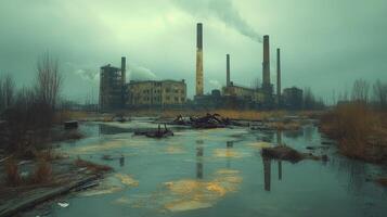 Devastation of an abandoned industrial site with smoke billowing from chimneys photo