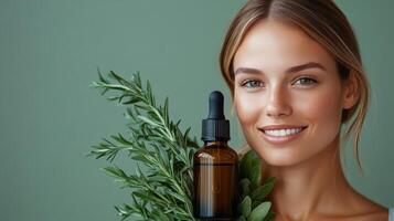 Natural skincare routine featuring herbal ingredients and a smiling woman in a minimalist setting photo