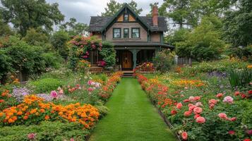 Beautiful garden surrounding a rustic brick house with vibrant flowers and lush greenery photo