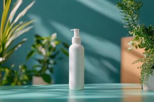 Minimalist skincare product displayed on a vibrant green shelf with shadows photo