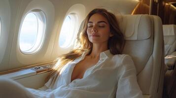 Woman enjoying a comfortable flight while gazing out the airplane window during golden hour photo