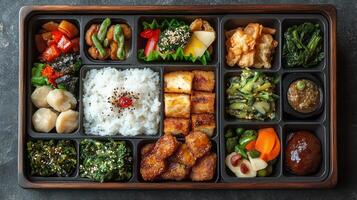 Delicious seafood bento box with rice and colorful vegetables served in a traditional setting photo