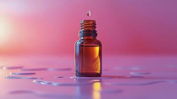 Delicate pink glass bottle surrounded by vibrant flowers and a drop of liquid captured in soft light photo