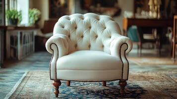 Elegant white tufted armchair in a cozy, well-lit living space featuring soft textures and rich colors photo