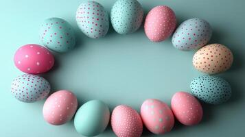 Decorative Easter eggs arranged in a circular pattern on a blue background during spring celebration photo