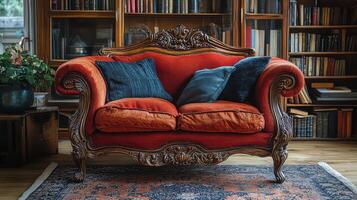 Elegant vintage tufted loveseat in a cozy, sunlit room surrounded by greenery and rustic decor photo