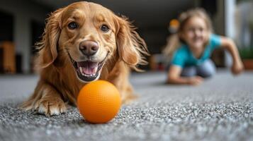 Happy girl and dog playing with a ball in autumn park photo