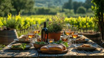 Elegant outdoor dining setup in a vineyard during golden hour with fine wine and fresh bread photo