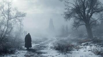 Mysterious figure wandering through a foggy landscape with dark spires in the background photo