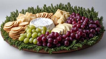 Elegant cheese platter with assorted fruits and crackers for a festive gathering photo