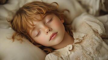 Young child peacefully sleeping on a cozy blanket in a softly lit room surrounded by indoor plants photo