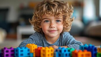 Young child with curly hair playing with colorful blocks in a creative space photo
