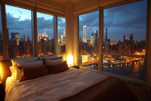 Luxurious bedroom with city skyline view at night in a modern high-rise building photo