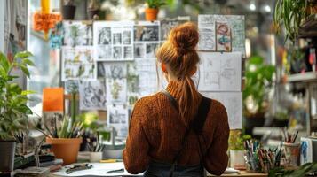 A creative woman sketches in a sunny indoor garden filled with plants and artwork photo