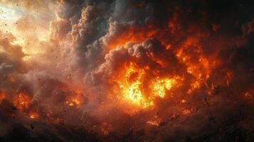 Dramatic fire and smoke erupt from a rugged landscape under ominous clouds photo