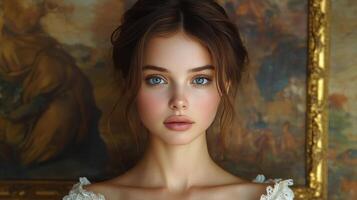 Elegant portrait of a young woman with striking blue eyes set against a vintage backdrop in soft lighting photo