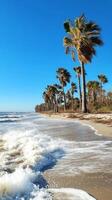 Waves crashing on sandy beach with palm trees and clear blue sky in the background photo