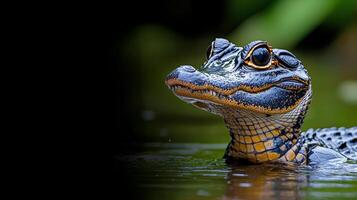 Encounter with a freshwater caiman in natural habitat during a misty morning photo