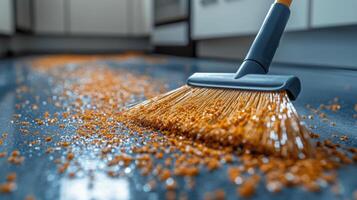 Sweeping crumbs from the kitchen floor on a bright afternoon photo