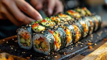 Expert sushi chef preparing colorful rolls with fresh ingredients at sushi restaurant kitchen photo