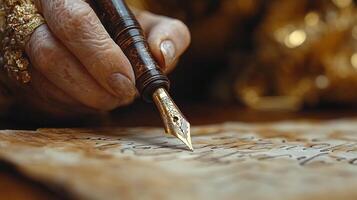 Scholar in traditional attire diligently writing in ancient manuscript in a library photo