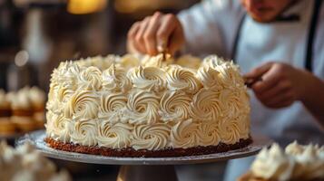 Decorator adds finishing touches to a beautifully crafted cake in a bakery setting photo