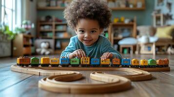 Child playing with colorful wooden train set on a vibrant carpet in a bright living room photo