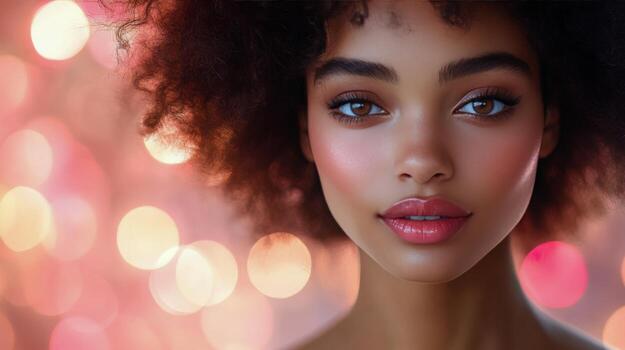 Young woman with curly hair poses against a blurred background creating a soft glowing effect photo