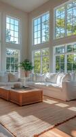 Bright and airy living room with large windows and cozy furnishings in a modern design style photo
