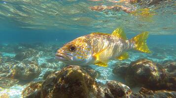 Snorkeler explores vibrant coral reef in clear tropical waters at midday photo