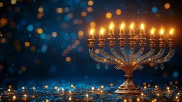 Elegant menorah lit with candles in a dramatic, dimly lit setting during a special celebration photo