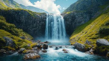 Majestic waterfall cascading over cliffs in a misty landscape at dawn photo